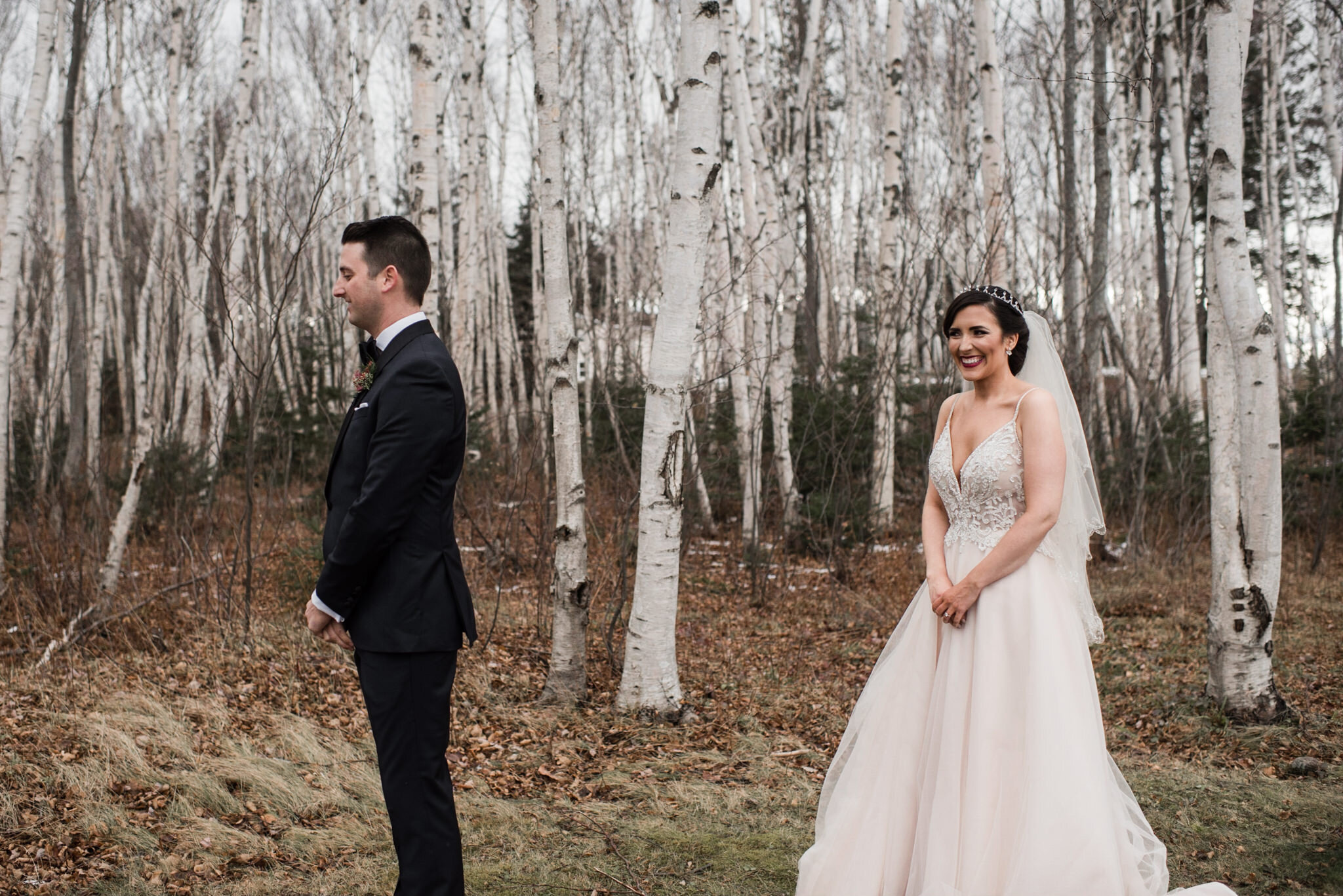 322-first-look-bride-groom-winter-birch-trees-wedding-photographer-toronto-ontario.jpg