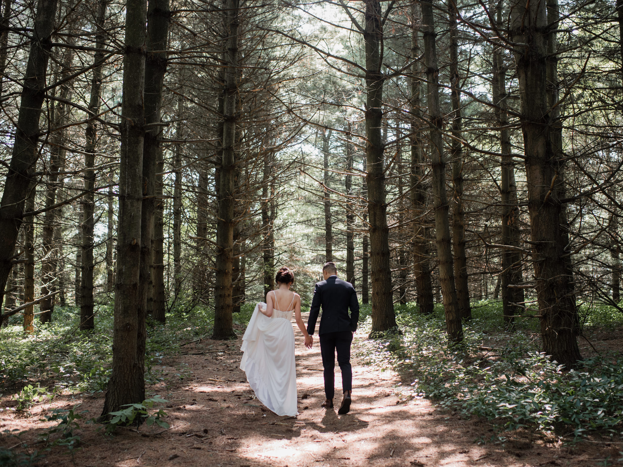 Wedding portraits of bride and groom in forest